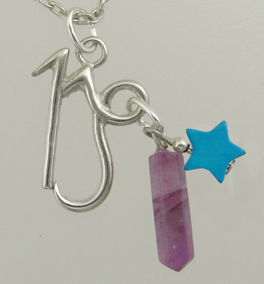 Sterling Silver Capricorn Pendant Necklace With an Amethyst Crystal And a Turquoise Star